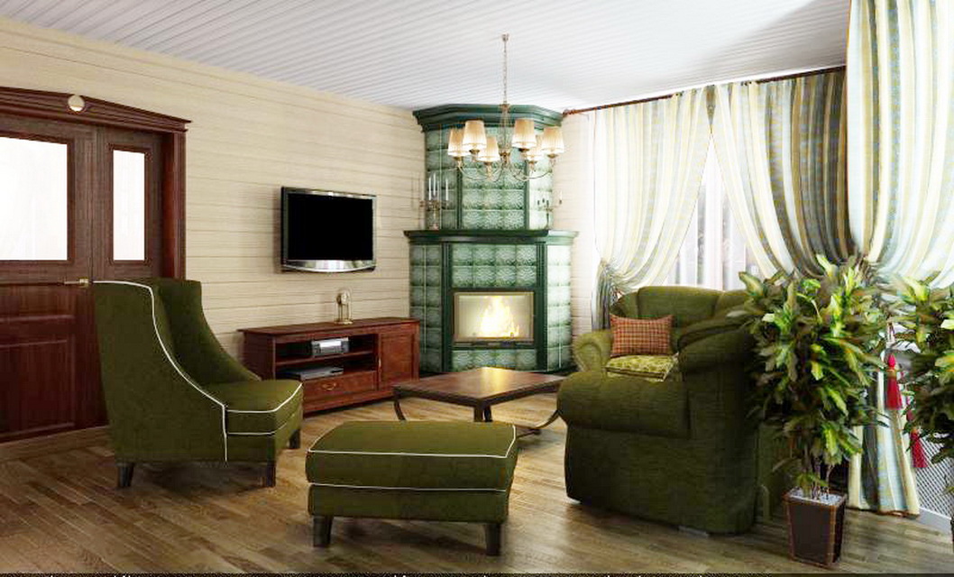 Дизайн интерьера гостиной с камином в доме